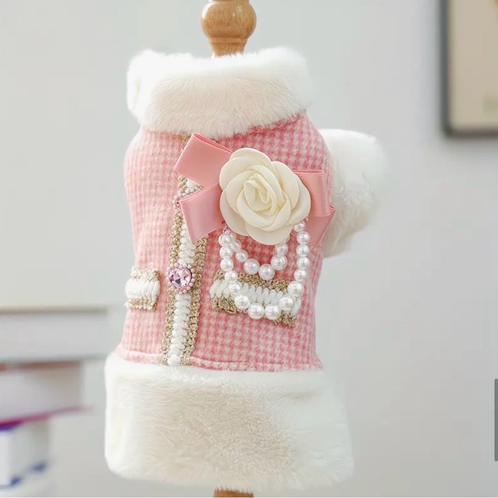 Elegant Pink Dog or Cat Fancy Jacket Coat Dress Outfit with Pearls and Faux Fur - Picture 7 of 15